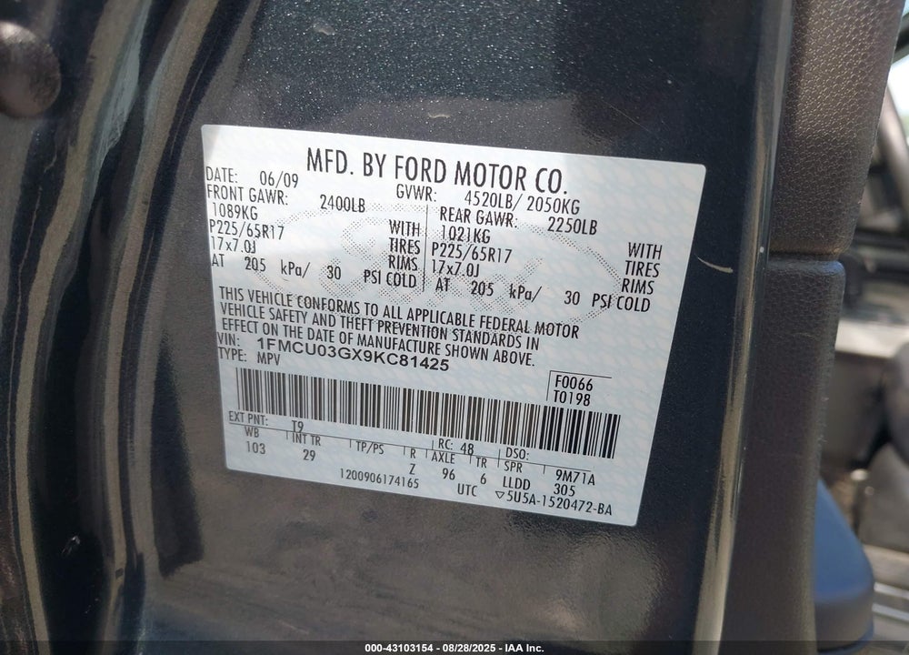 2009 FORD ESCAPE VIN: 1FMCU03GX9KC81425