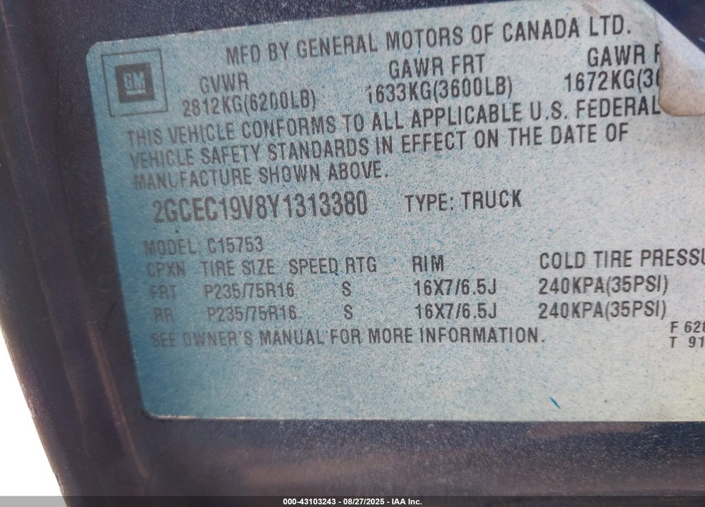 2000 CHEVROLET SILVERADO 1500 LS VIN: 2GCEC19V8Y1313380