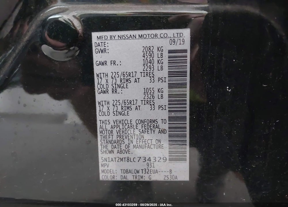 2020 NISSAN ROGUE VIN: 5N1AT2MT8LC734329