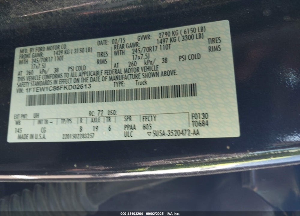 2015 FORD F-150 VIN: 1FTEW1C86FKD02613