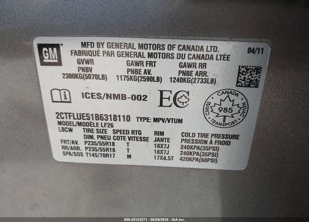 2011 GMC TERRAIN VIN: 2CTFLUE51B6318110
