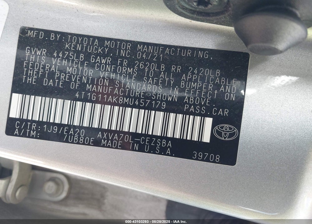 2021 TOYOTA CAMRY SE VIN: 4T1G11AK8MU457179