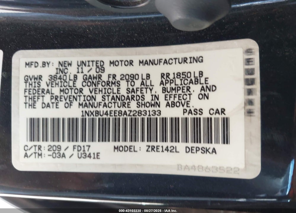 2010 TOYOTA COROLLA VIN: 1NXBU4EE8AZ283133