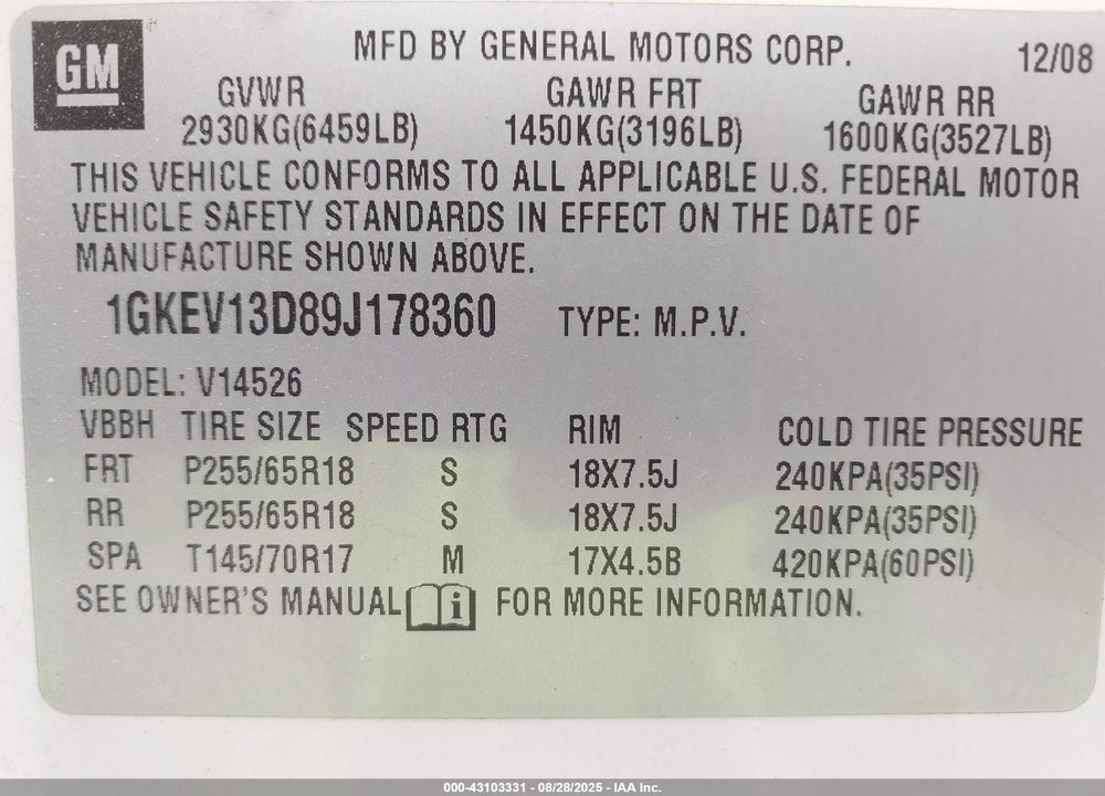 2009 GMC ACADIA SLE-1 VIN: 1GKEV13D89J178360