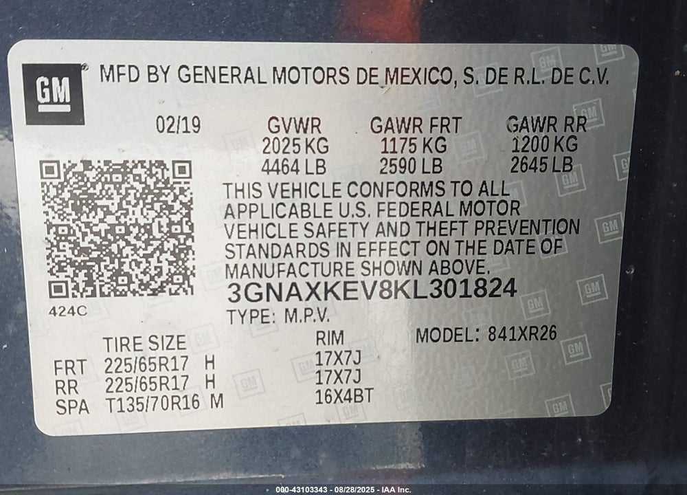 2019 CHEVROLET EQUINOX VIN: 3GNAXKEV8KL301824