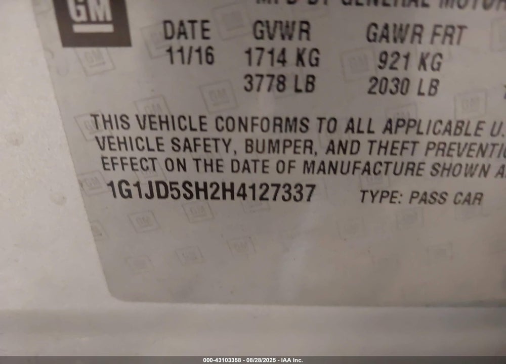 2017 CHEVROLET SONIC VIN: 1G1JD5SH2H4127337