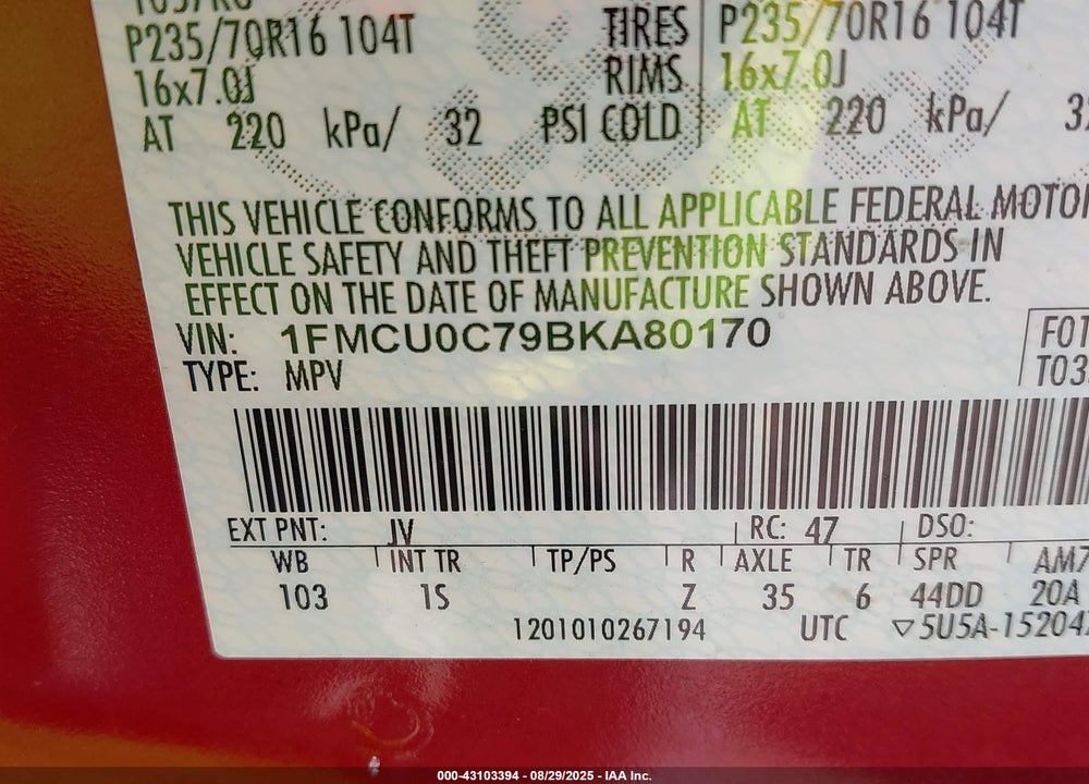 2011 FORD ESCAPE XLS VIN: 1FMCU0C79BKA80170