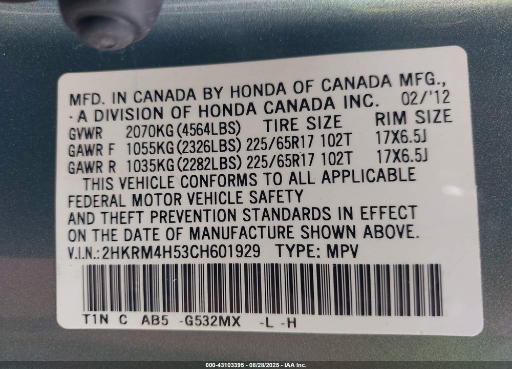 2012 HONDA CR-V VIN: 2HKRM4H53CH601929