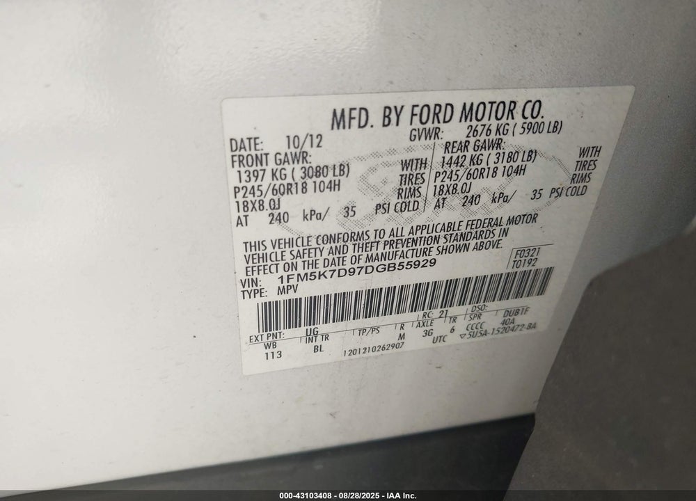 2013 FORD EXPLORER XLT VIN: 1FM5K7D97DGB55929