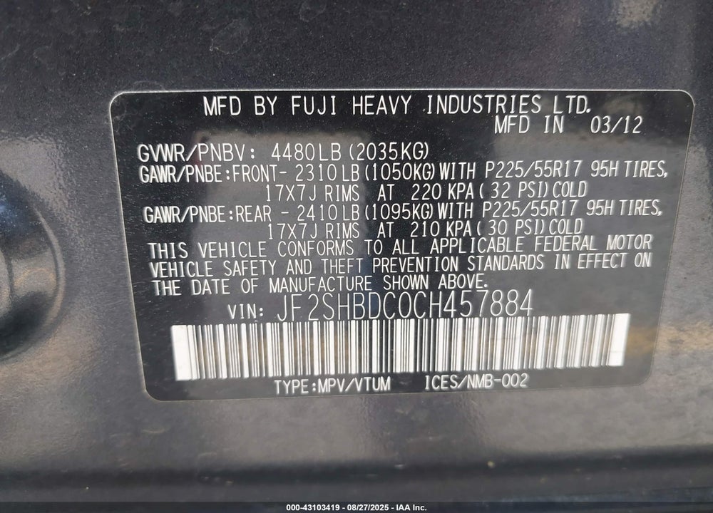 2012 SUBARU FORESTER 2.5X PREMIUM VIN: JF2SHBDC0CH457884