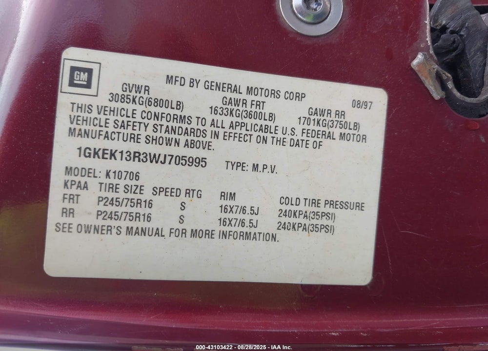 1998 GMC YUKON SLT VIN: 1GKEK13R3WJ705995