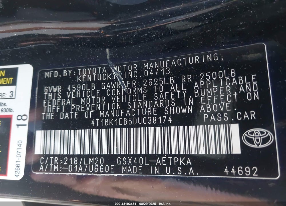 2013 TOYOTA AVALON VIN: 4T1BK1EB5DU038174