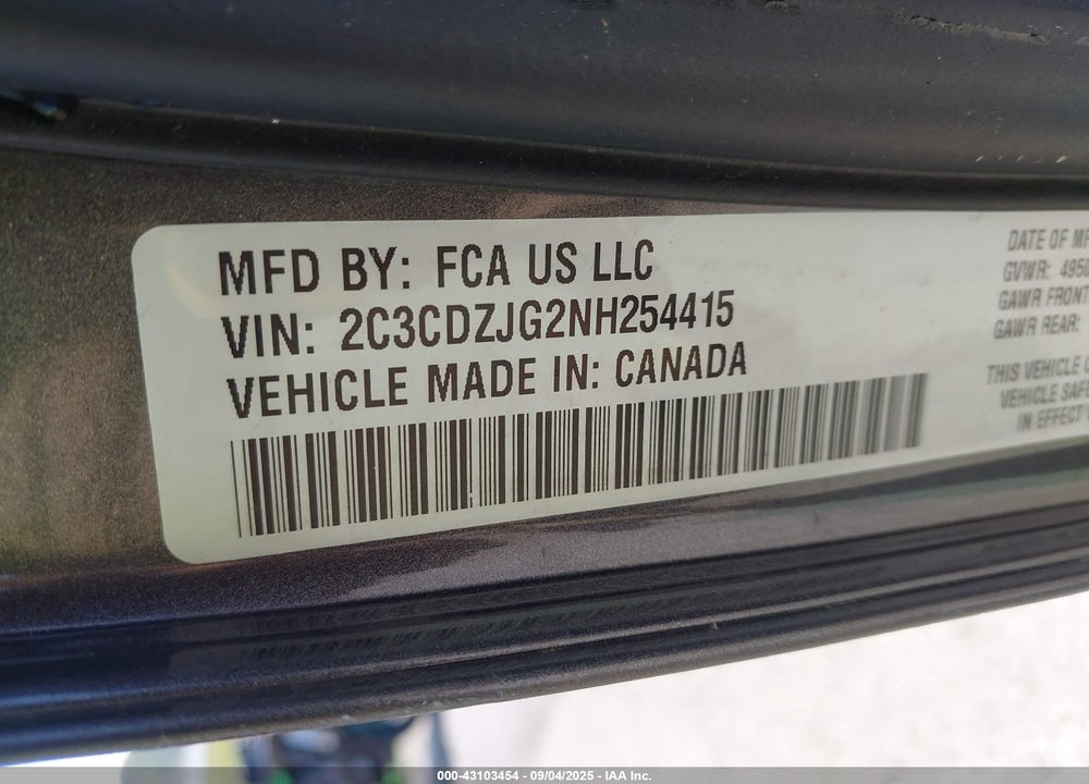 2022 DODGE CHALLENGER VIN: 2C3CDZJG2NH254415