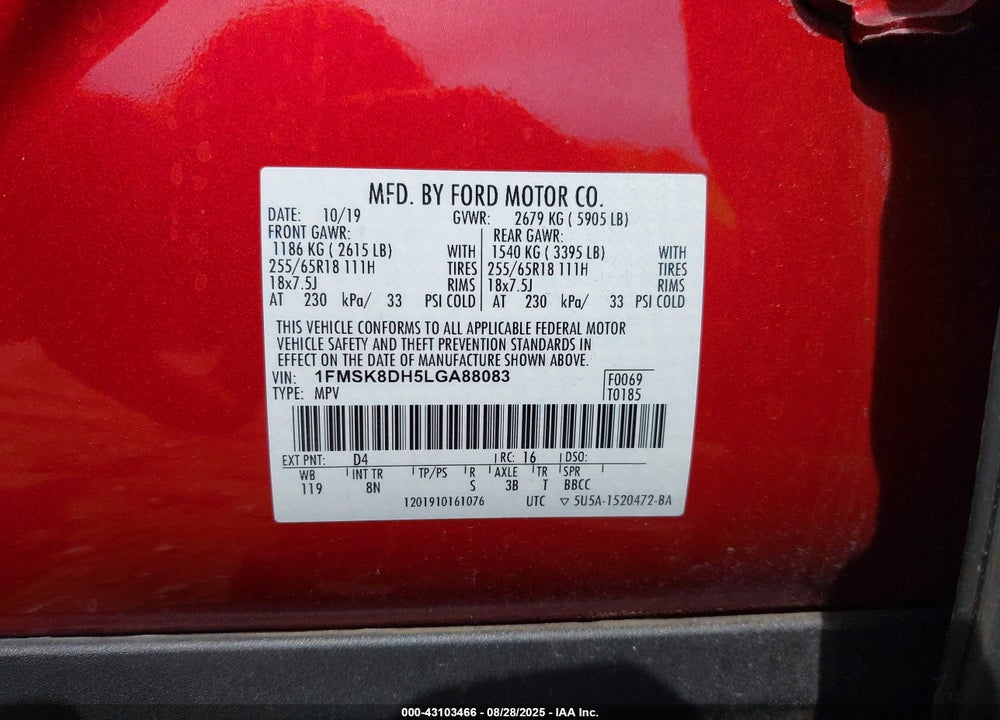 2020 FORD EXPLORER VIN: 1FMSK8DH5LGA88083