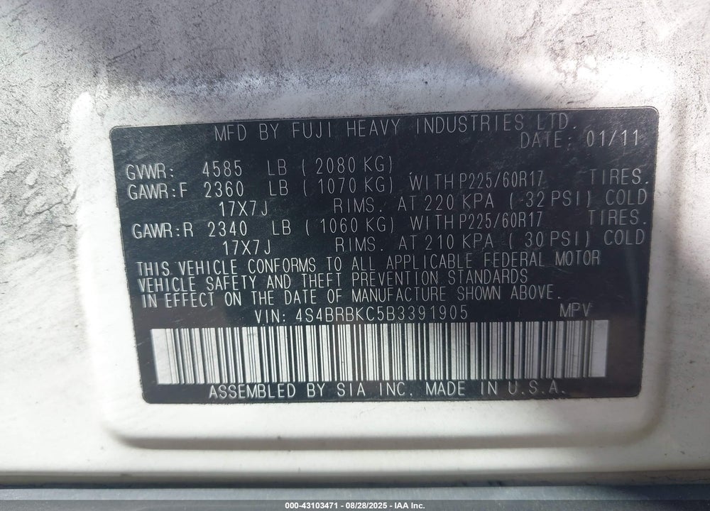 2011 SUBARU OUTBACK VIN: 4S4BRBKC5B3391905
