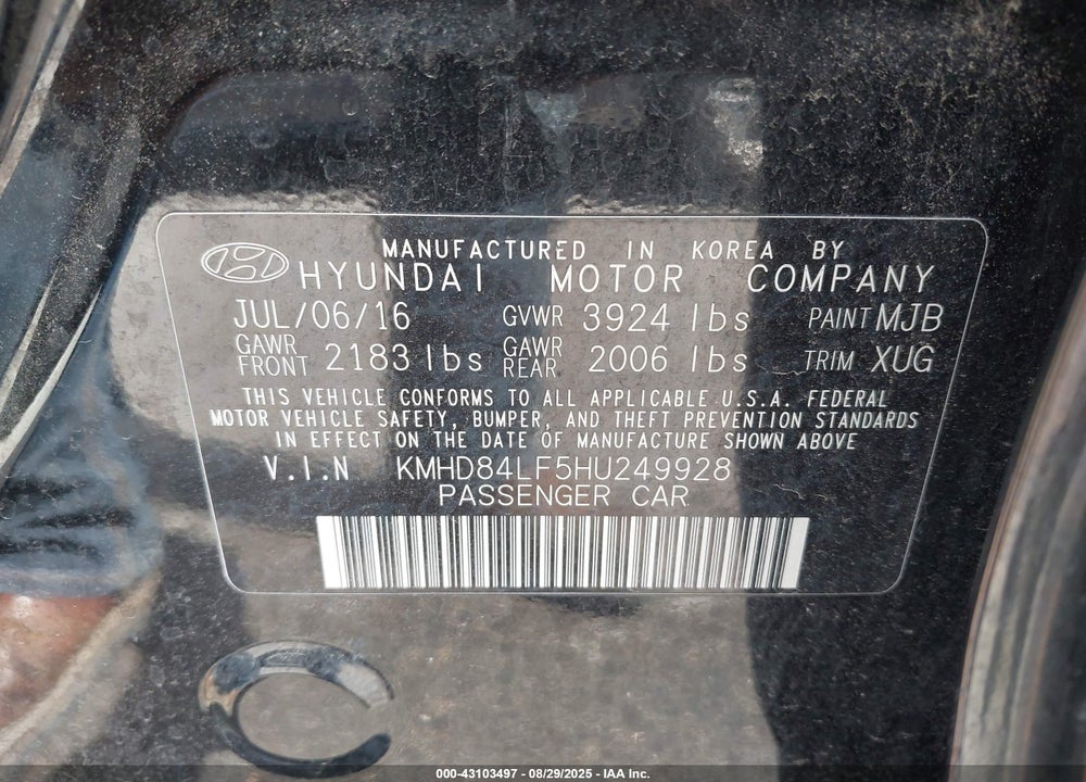 2017 HYUNDAI ELANTRA VIN: KMHD84LF5HU249928
