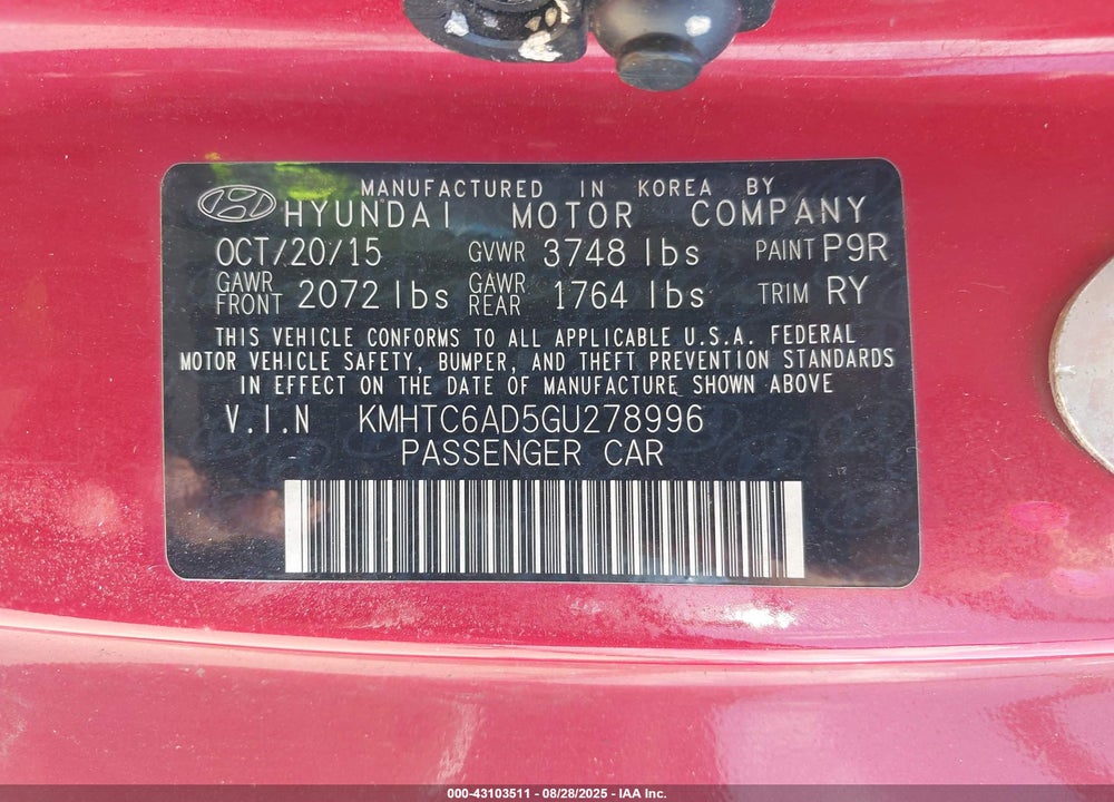 2016 HYUNDAI VELOSTER VIN: KMHTC6AD5GU278996