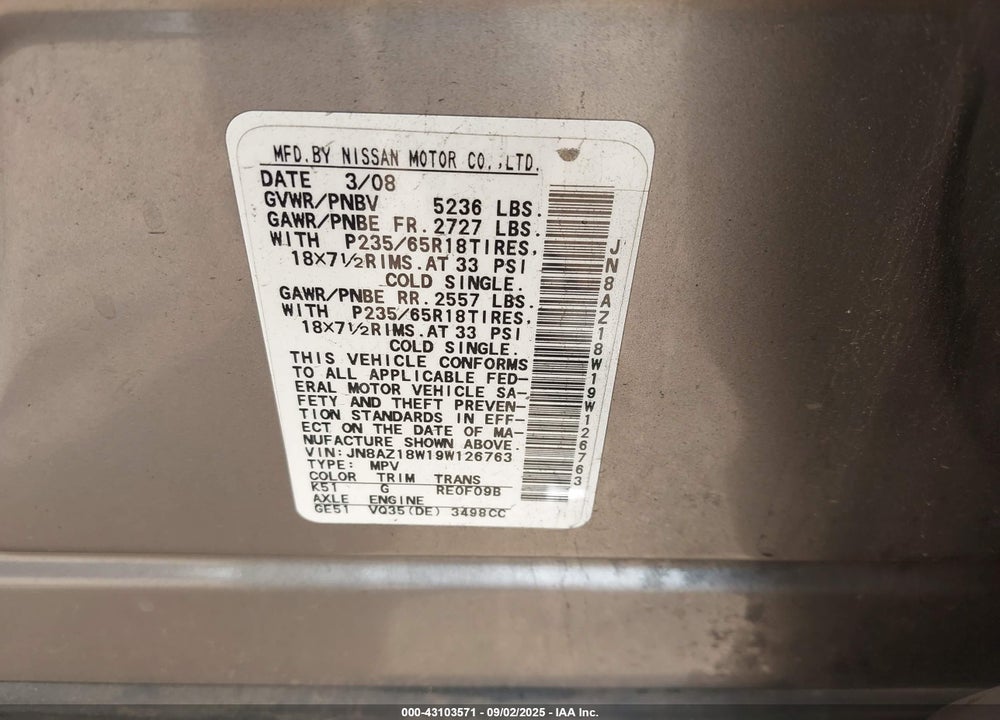 2009 NISSAN MURANO VIN: JN8AZ18W19W126763
