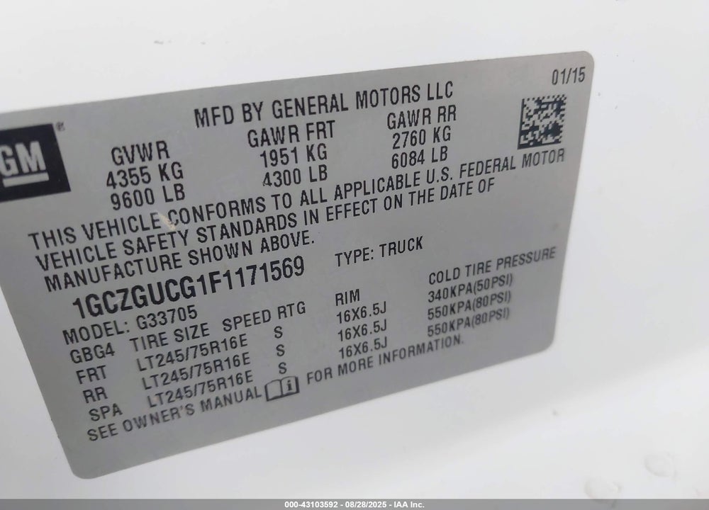 2015 CHEVROLET EXPRESS 3500 VIN: 1GCZGUCG1F1171569