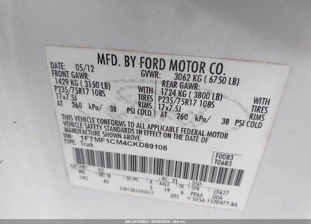2012 FORD F-150 XL VIN: 1FTMF1CM4CKD89108