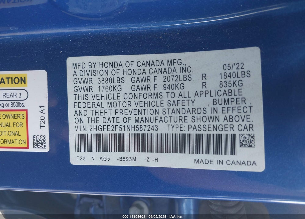 2022 HONDA CIVIC SPORT VIN: 2HGFE2F51NH587243