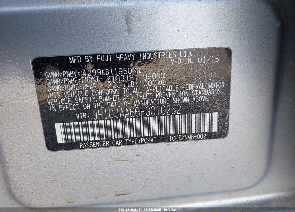 2015 SUBARU IMPREZA VIN: JF1GJAA66FG010252