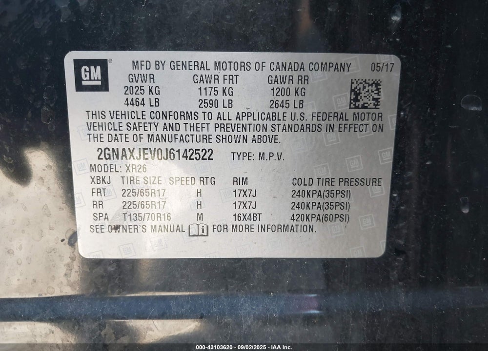2018 CHEVROLET EQUINOX VIN: 2GNAXJEV0J6142522