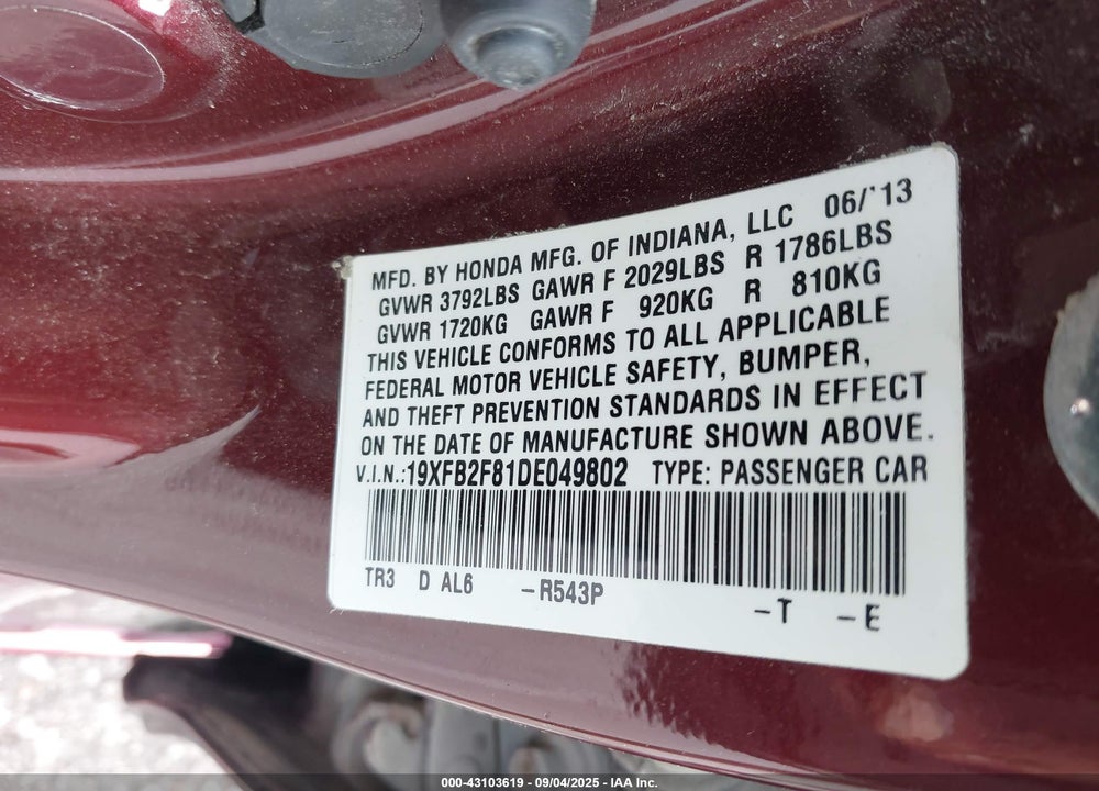 2013 HONDA CIVIC VIN: 19XFB2F81DE049802