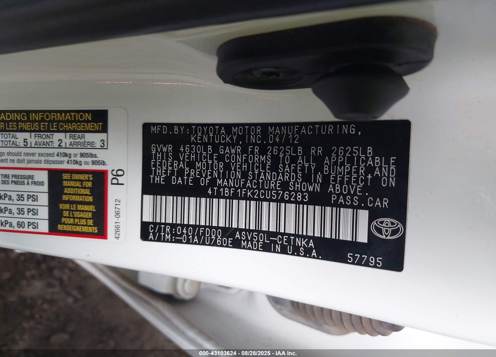 2012 TOYOTA CAMRY VIN: 4T1BF1FK2CU576283