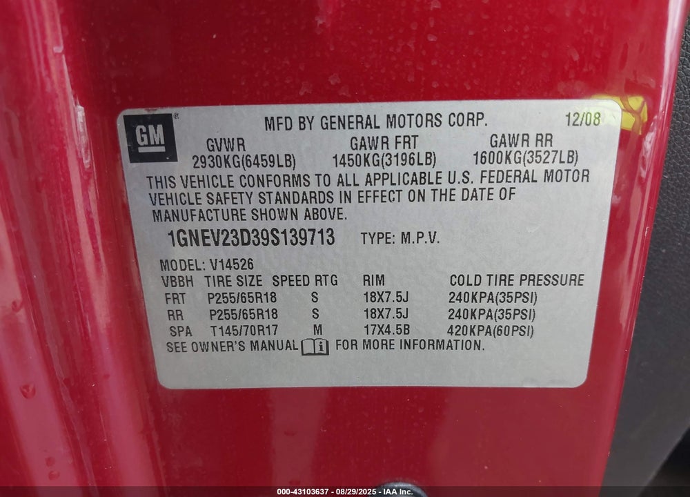 2009 CHEVROLET TRAVERSE VIN: 1GNEV23D39S139713