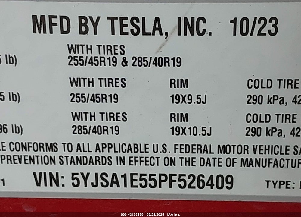 2023 TESLA MODEL S VIN: 5YJSA1E55PF526409
