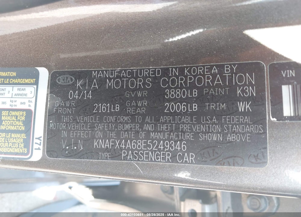 2014 KIA FORTE VIN: KNAFX4A68E5249346