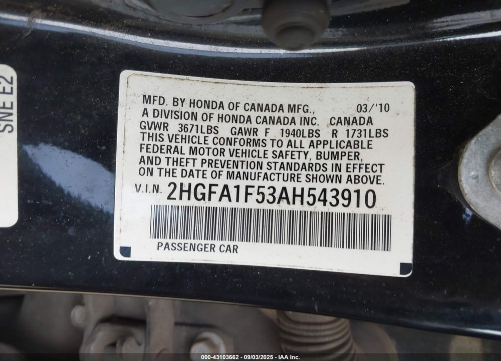 2010 HONDA CIVIC VIN: 2HGFA1F53AH543910