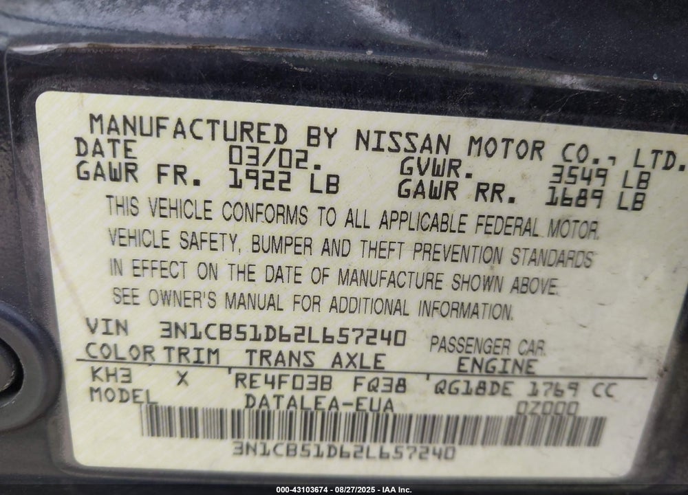 2002 NISSAN SENTRA GXE VIN: 3N1CB51D62L657240