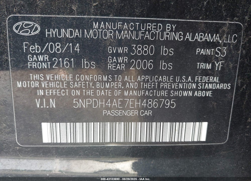 2014 HYUNDAI ELANTRA SE VIN: 5NPDH4AE7EH486795