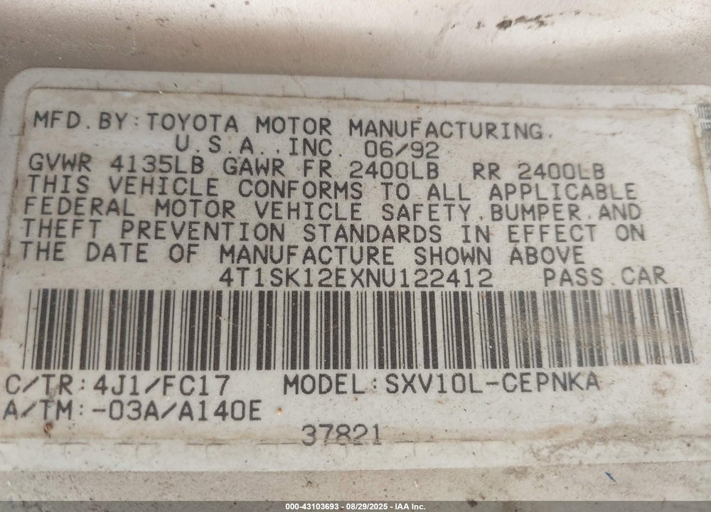1992 TOYOTA CAMRY LE VIN: 4T1SK12EXNU122412