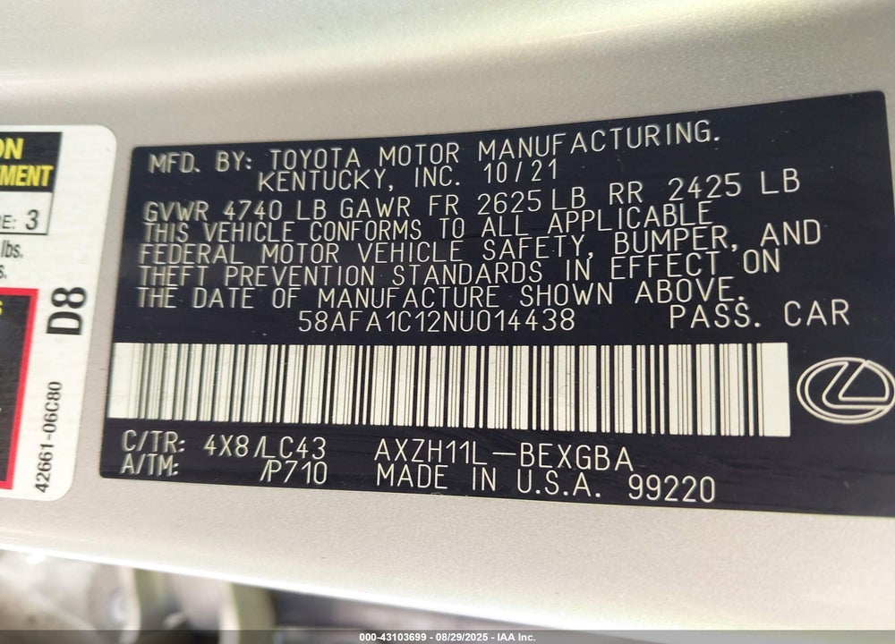 2022 LEXUS ES 300H VIN: 58AFA1C12NU014438
