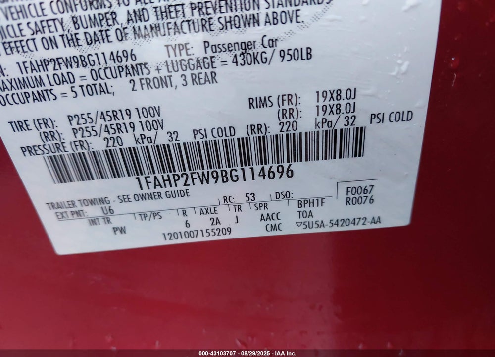 2011 FORD TAURUS VIN: 1FAHP2FW9BG114696