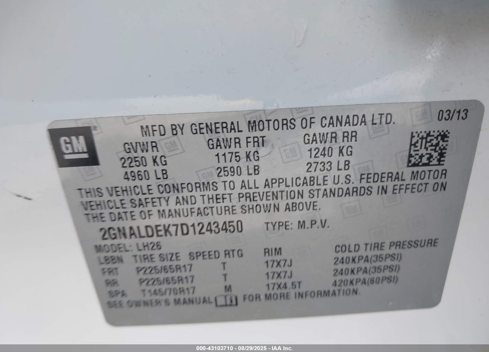 2013 CHEVROLET EQUINOX VIN: 2GNALDEK7D1243450