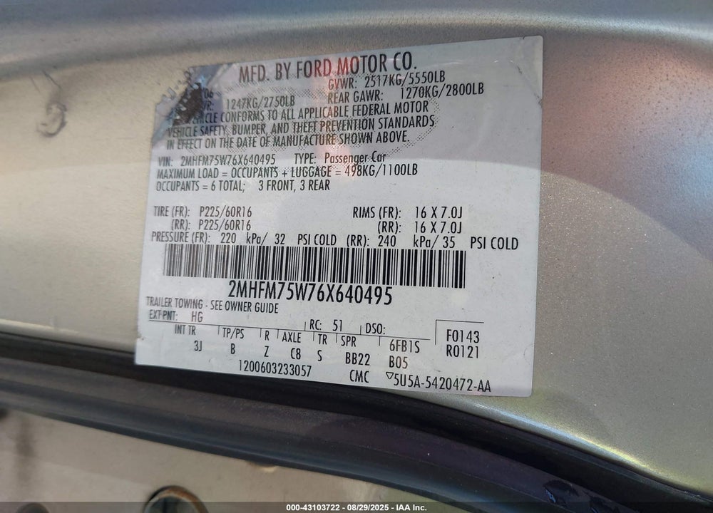 2006 MERCURY GRAND MARQUIS LS VIN: 2MHFM75W76X640495