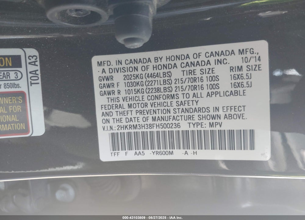 2015 HONDA CR-V VIN: 2HKRM3H38FH500236
