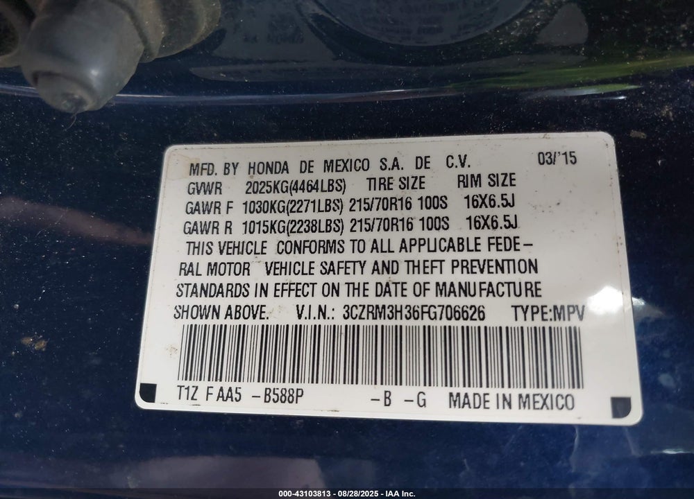 2015 HONDA CR-V VIN: 3CZRM3H36FG706626