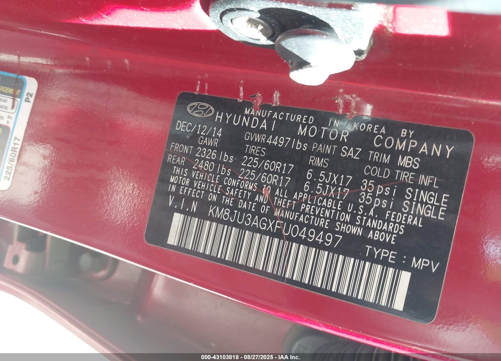 2015 HYUNDAI TUCSON VIN: KM8JU3AGXFU049497