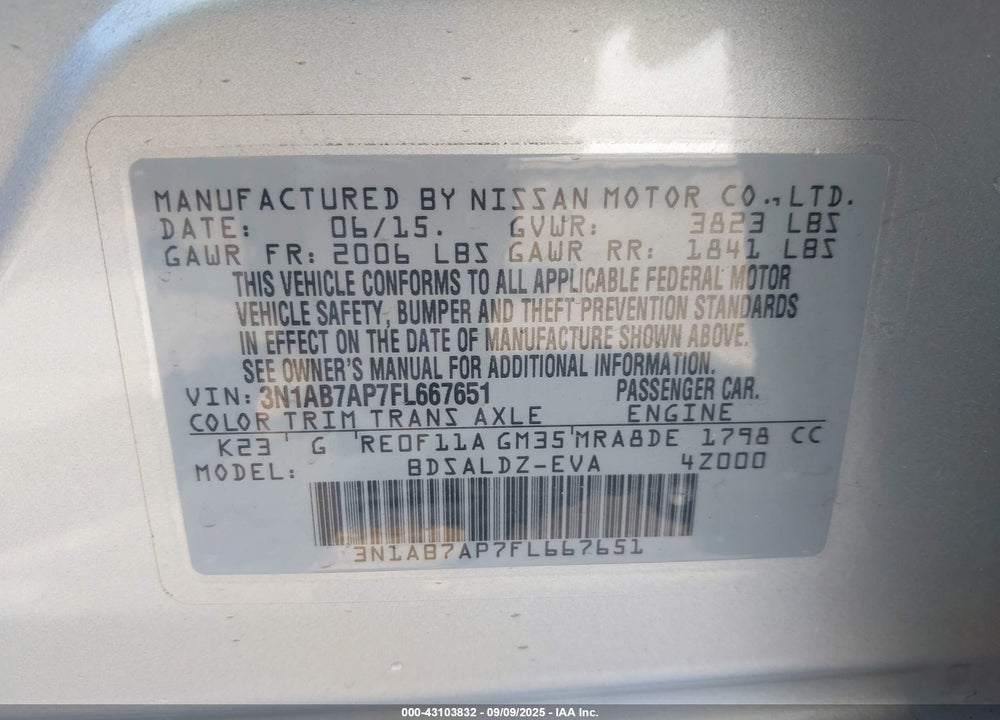 2015 NISSAN SENTRA VIN: 3N1AB7AP7FL667651
