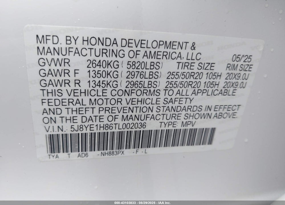 2026 ACURA MDX ADVANCE PACKAGE VIN: 5J8YE1H86TL002036