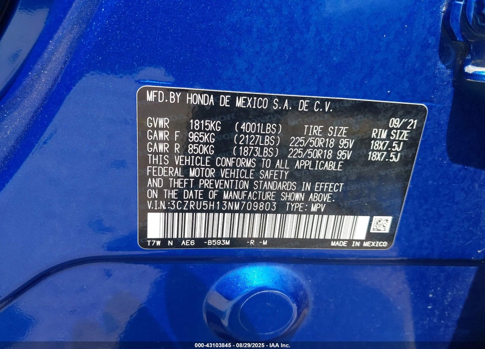 2022 HONDA HR-V VIN: 3CZRU5H13NM709803
