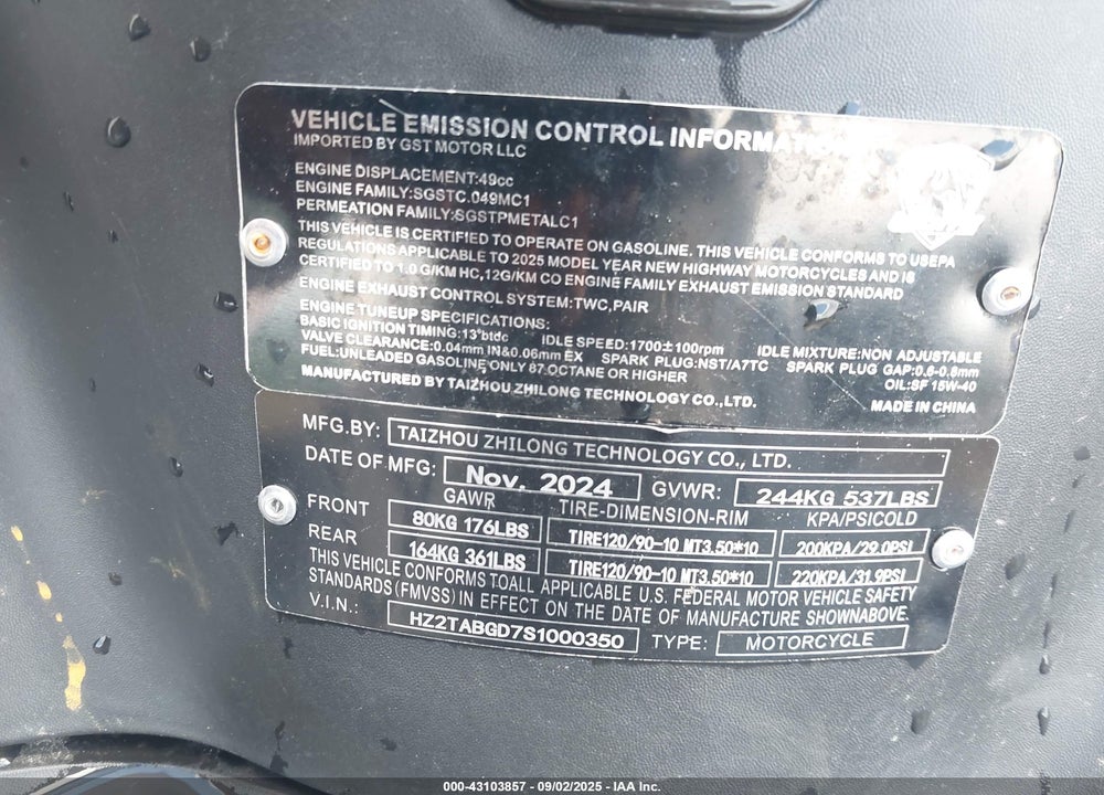 2025 ZHILONG RETRO VIN: HZ2TABGD7S1000350