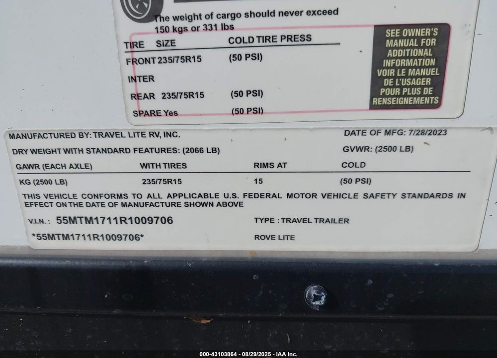 2024 TRAVEL LITE ROVE LITE TRAVEL TRAILER VIN: 55MTM1711R1009706