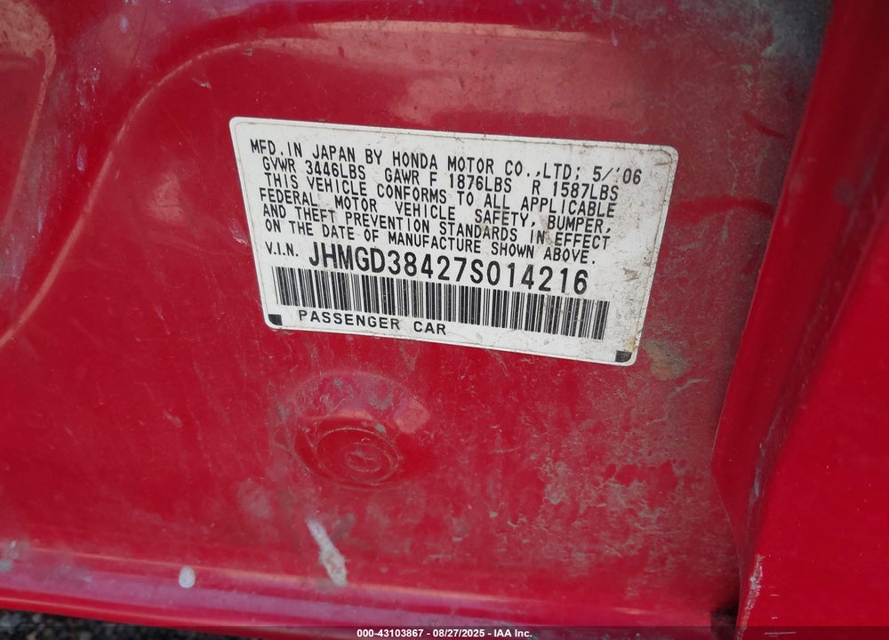 2007 HONDA FIT VIN: JHMGD38427S014216
