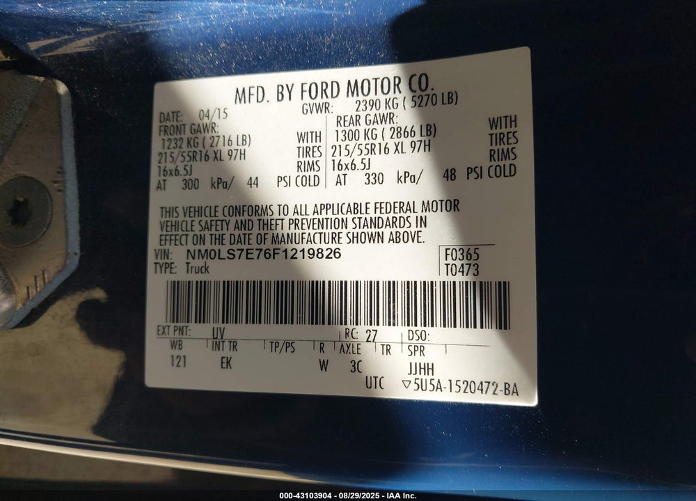 2015 FORD TRANSIT CONNECT VIN: NM0LS7E76F1219826